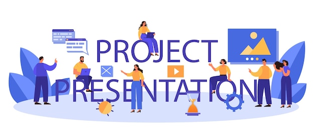 Project presentation typographic header project development and presentation idea of project planning promotion management and marketing flat vector illustration