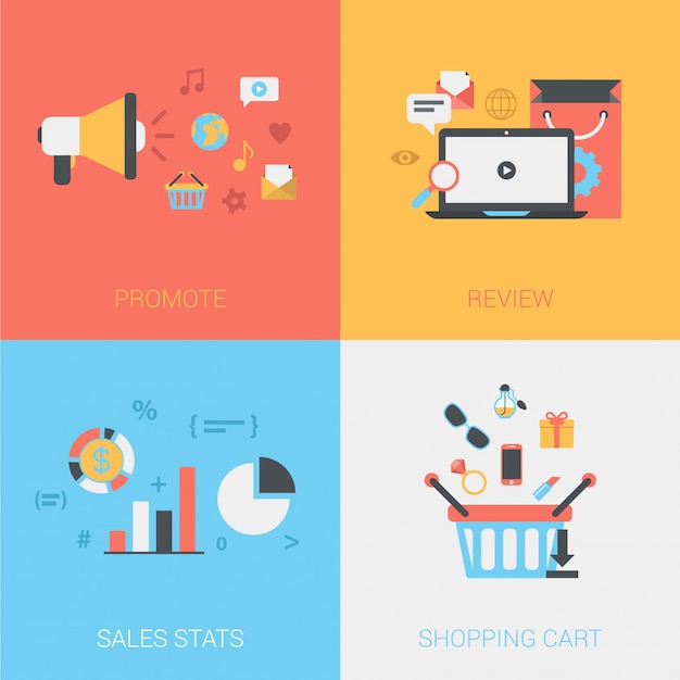 Promote store, review goods, sales stats, online shopping cart icon set.