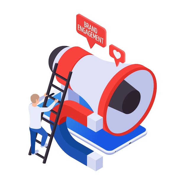 Free vector promoting brand engagement attracting followers icon with 3d colorful megaphone and magnet isometric