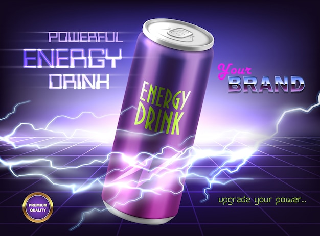 Promotion banner of powerful energy drink. aluminum can with carbonated tonic, soda, alcoholi