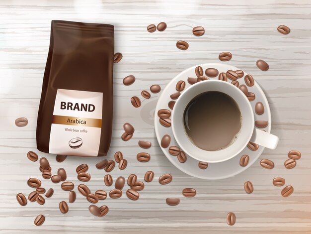 promotion banner with coffee cup on saucer, brown beans and foil package with arabica grains.