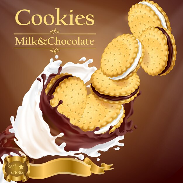 promotion banner with realistic cookies flying in milk and chocolate splashes