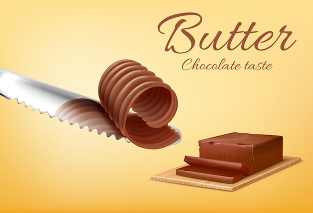 커팅 보드와 금속 칼에 초콜릿 버터의 현실적인 막대기로 홍보 배너.