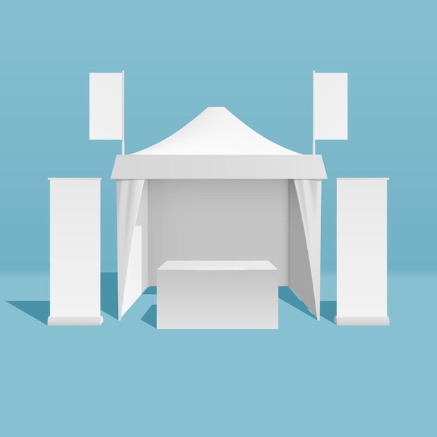 Vettore gratuito concetto realistico di mockup di tenda promozionale con cartellone pubblicitario e supporto su sfondo blu illustrazione vettoriale