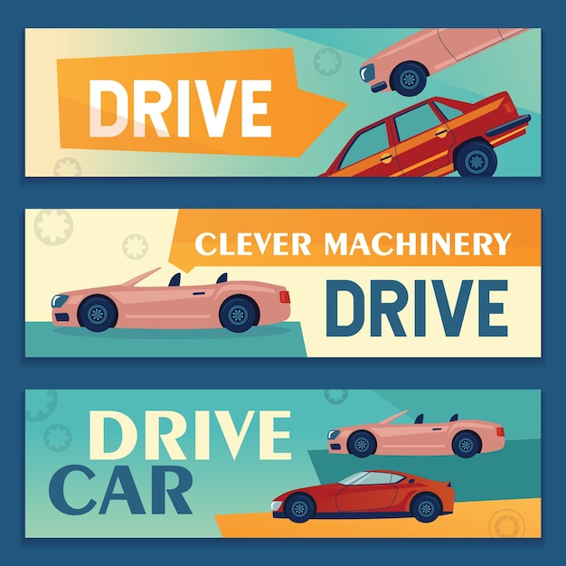 Бесплатное векторное изображение Дизайн рекламных баннеров с современными автомобилями. баннеры автомобилей на красочном фоне