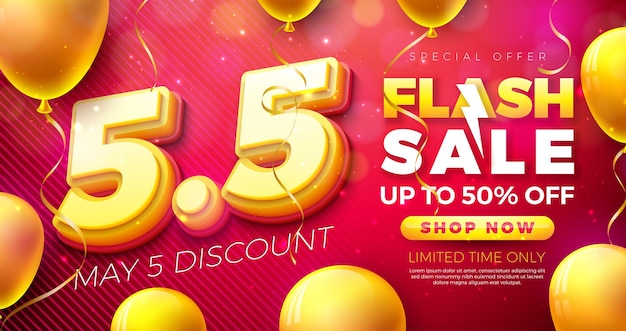 Promotional Business May 5 Flash Sale Design with 3d Number and Party Balloon on Red Background