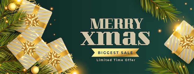 Promotional christmas sale banner with realistic 3d gift boxes