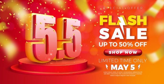 Рекламный дизайн флэш-распродажи 5 мая с трехмерным номером на подиуме и падающим конфетти на красном фоне