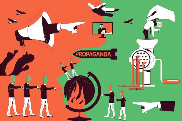 Propaganda flat vector illustration demonstrated people characters with gadgets instead of head zombified by fake news