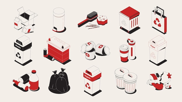 Free vector proper recycling waste sorting garbage set isometric red white black vector illustration