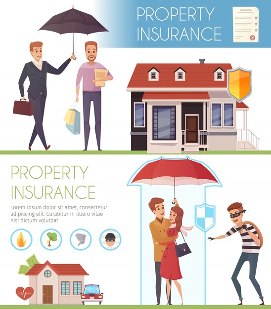 Property insurance horizontal banners with people under umbrella as symbol protection  from life pro