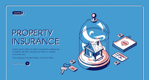 Property insurance isometric landing page. real estate building stand under glass dome with keys, notes. home accident protection service