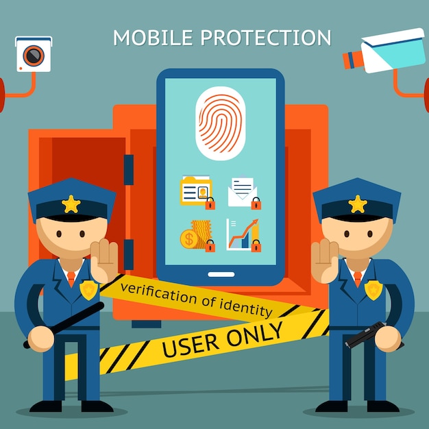 Free vector protect your cell phone, fingerprint, only to owner. financial security and data confidentiality