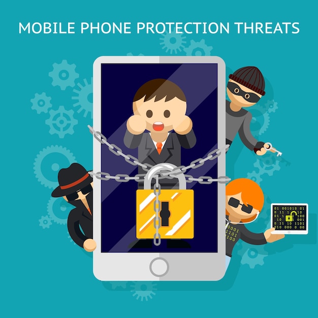 無料ベクター 脅威から携帯電話を保護します。ハッカーの攻撃に対する保護。