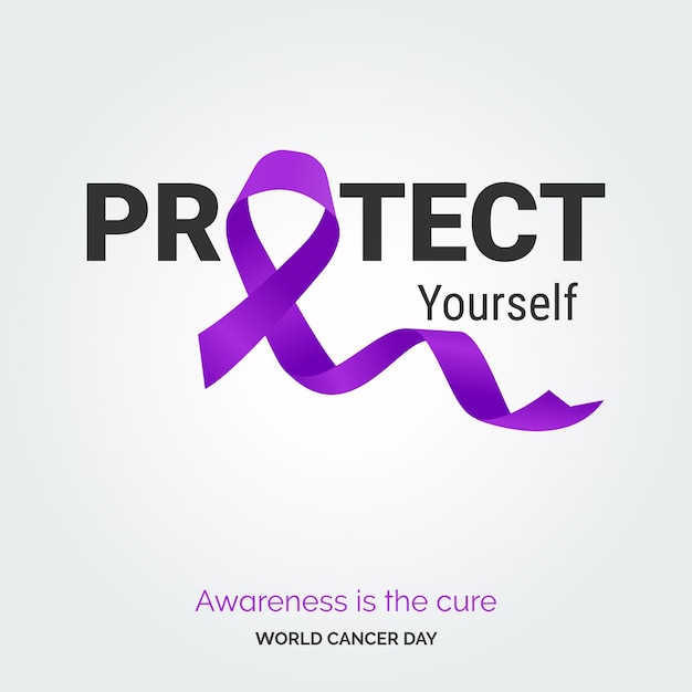 Бесплатное векторное изображение Защитите себя. осведомленность о типографике на ленте — это лекарство всемирный день борьбы против рака