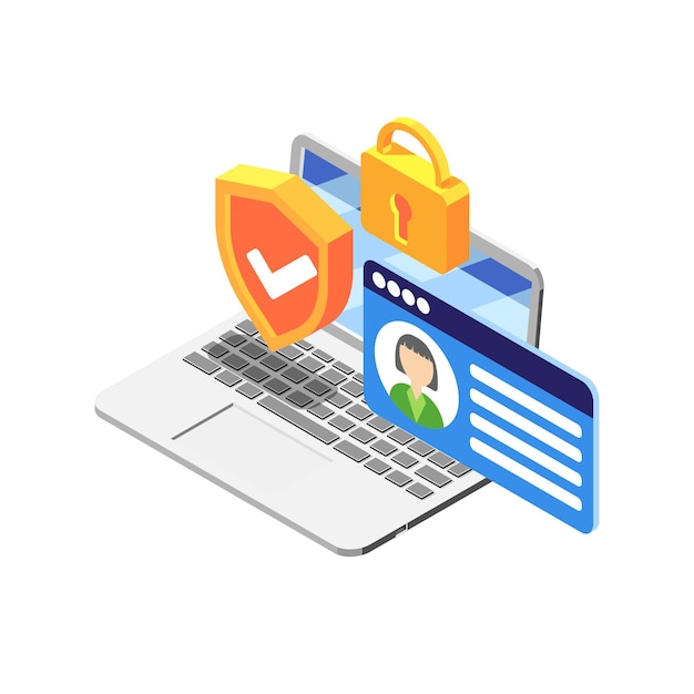 無料ベクター 白のカラフルな要素とラップトップの等角図の保護された個人データ