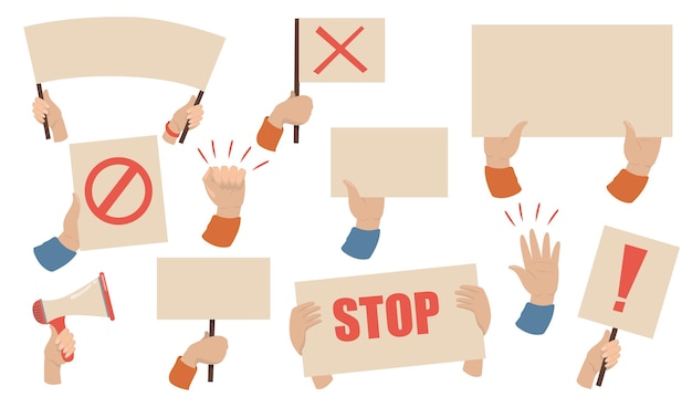 Protest placards set. hands of activists holding megaphones, banners and posters with stop signs. vector illustration for workers strike, demonstration, riot concept