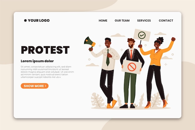 Protesters strike with placards landing page