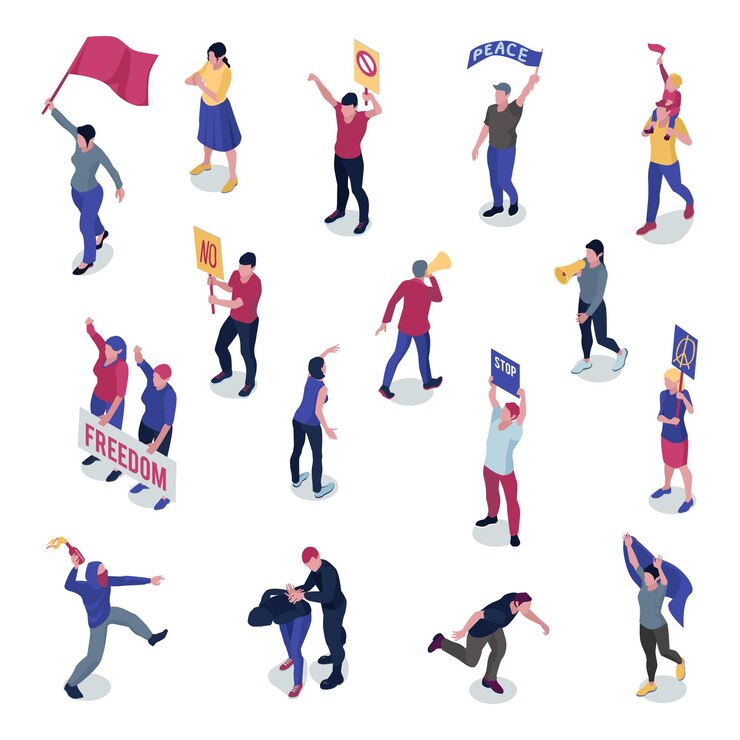 Free Vector protesting people with placards and flags during manifestation or picketing set of isometric