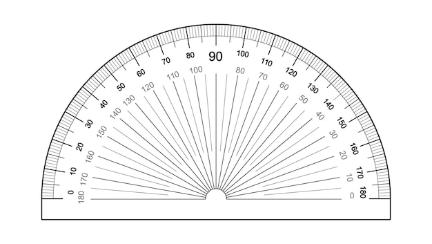 각도 측정을위한 흰색 배경에 고립 된 각도기 눈금자 측정 도구 그리드