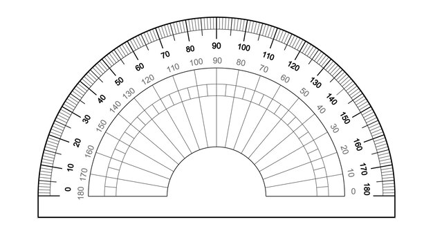 각도 측정을위한 흰색 배경에 고립 된 각도기 눈금자 측정 도구 그리드