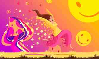 Free vector psychedelic bright colored background with hovering female character and magic mushroom cartoon vector illustration