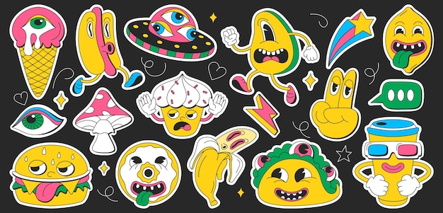 Free vector psychedelic cartoon groovy stickers set with retro surreal elements