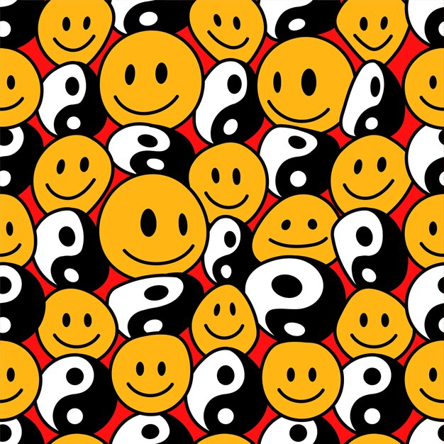 Psychedelic deformed wavy smile face and yin yang seamless pattern. vector hand drawn line doodle cartoon  illustration wallpaper. trippy lsd print,yin yang,smile face seamless pattern concept