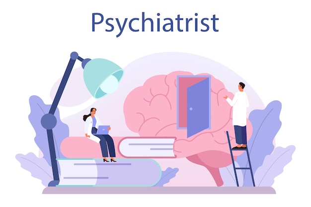 Psychiatrist concept Mental health diagnostic Doctor treating human mind Psychological test and help Thoughts and emotions analysis Vector illustration in cartoon style