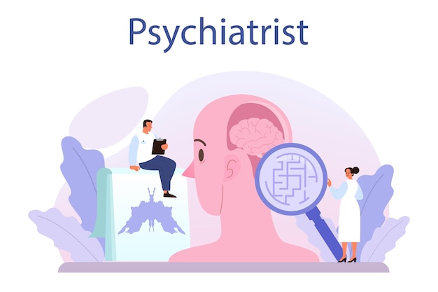 Psychiatrist concept Mental health diagnostic Doctor treating human mind Psychological test and help Thoughts and emotions analysis Vector illustration in cartoon style