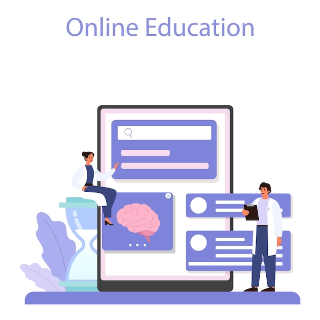 精神科医のオンラインサービスまたはプラットフォームメンタルヘルス診断医師が人間の心を治療する思考と感情の分析オンライン教育ベクトルフラットイラスト
