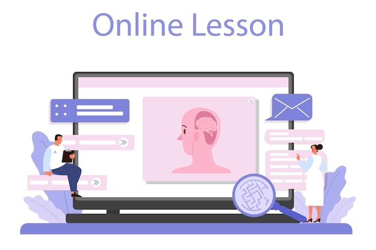 Free Vector psychiatrist online service or platform mental health diagnostic doctor treating human mind thoughts and emotions analysis online lesson vector flat illustration