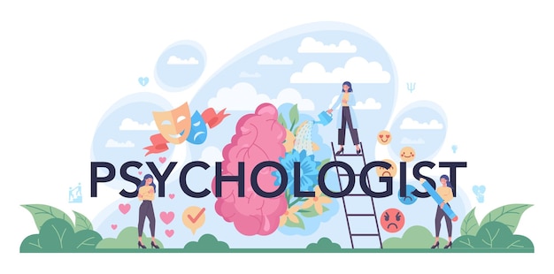 Intestazione tipografica psicologo diagnostica della salute mentale medico che tratta la mente umana test psicologico e aiuto analisi di pensieri ed emozioni illustrazione vettoriale in stile cartone animato