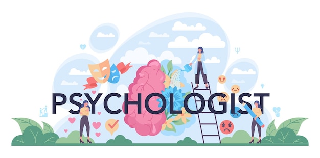 Psychologist typographic header Mental health diagnostic Doctor treating human mind Psychological test and help Thoughts and emotions analysis Vector illustration in cartoon style