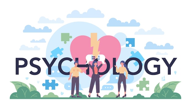 Psychology typographic header mental health diagnostic doctor treating human mind psychological test and help thoughts and emotions analysis vector illustration in cartoon style