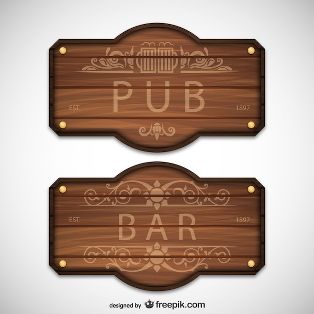 Бесплатное векторное изображение Паб и бар деревянные знаки