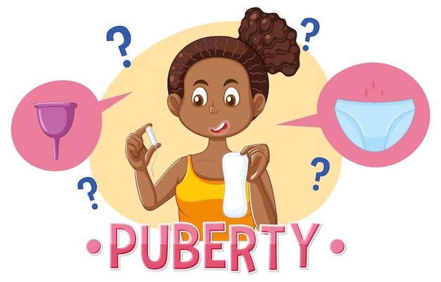 Puberty girl choosing between using a sanitary pad or a menstrua