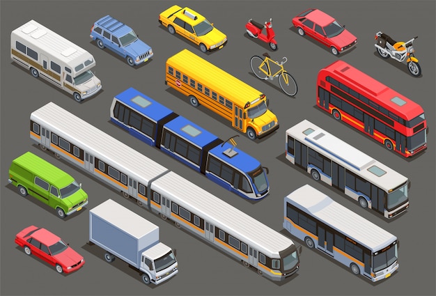 Free vector public city transport isometric collection with isolated images of private cars bikes and municipal transport