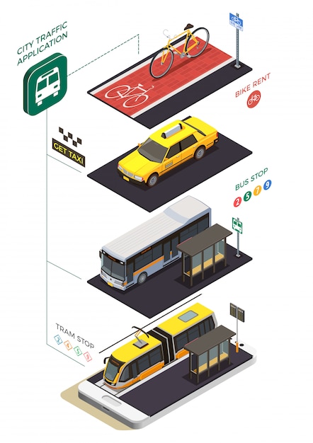 Public city transport isometric composition with infographic pictograms text captions and municipal transport units with stops