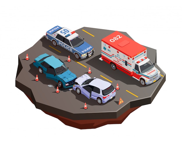 無料ベクター 救急車とパトカーのイラストとの衝突後の2つの壊れた車と公共都市輸送等尺性組成物