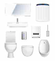 無料ベクター ペーパータオルと石鹸の隔離された要素のベクトル図のためのシンク小便器ビデ便器ディスペンサーの公衆トイレの白い機器の現実的なセット