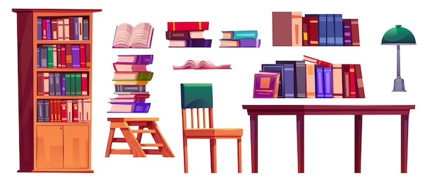 Free vector public library books furniture and equipment