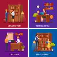 Free vector public library square with librarian assisting visitor and reading room isolated