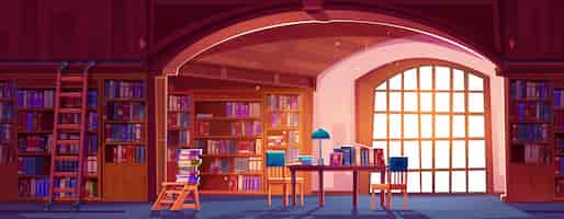 Free vector public library with many books on shelves