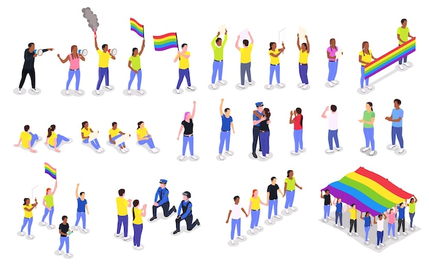 LGBTの旗とプライドジェスチャーのベクトル図を持つ抗議者の孤立した人間のキャラクターで設定された公開抗議デモ