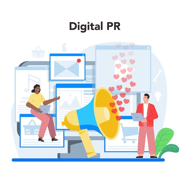 Free vector public relations concept idea of making announcements through mass media to advertise business strategy development and customer feedback flat vector illustration