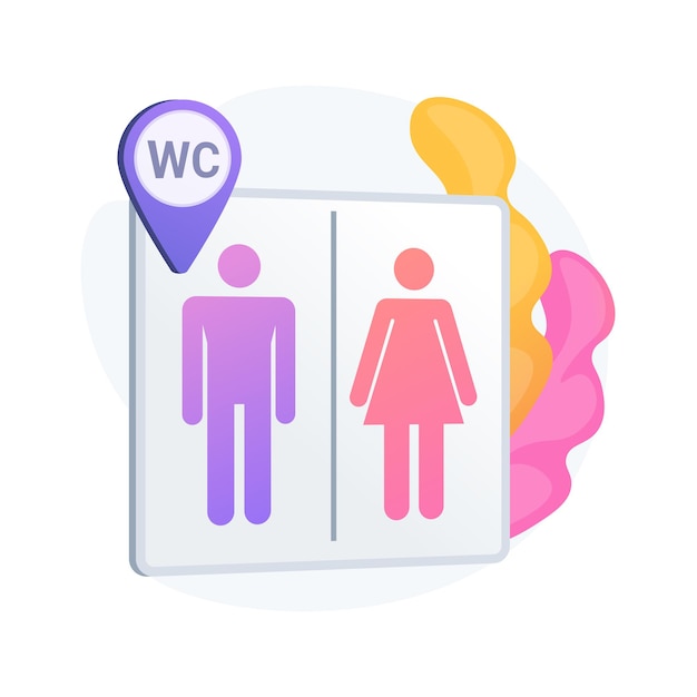 Public restrooms location. Toilet sign, male and female washrooms, WC and geotag symbol. Gentleman and lady silhouettes on lavatory signboard. 