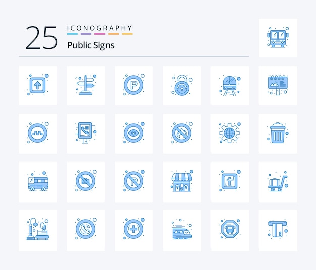 Free vector public signs 25 blue color icon pack including train public signs unsecured unlock