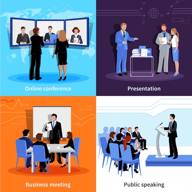 Free Vector public speaking 4 flat icons square composition banner with meeting