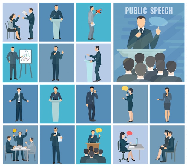 Public speaking to live audience workshops and presentations set blue background flat icons set Free Vector